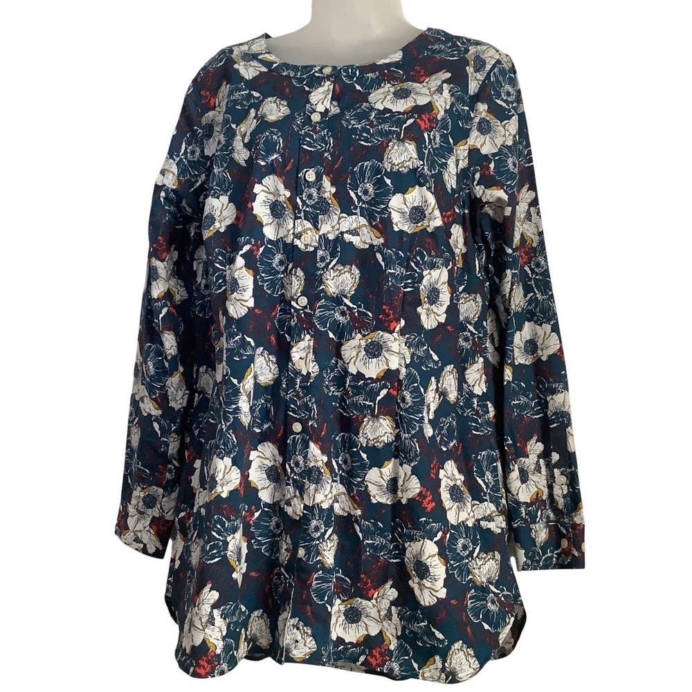 Duluth‎ Trading Co Womens Floral Poppy Button Front Tunic Top Teal Blue Large - Picture 2 of 15
